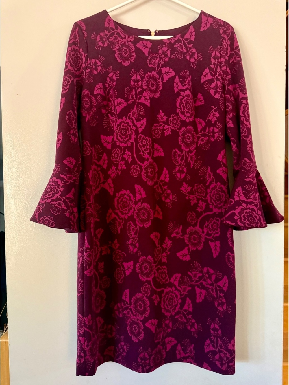 Tommy Hilfiger Burgundy & Pink Floral Jacquard Bell Sleeve Sheath Dress